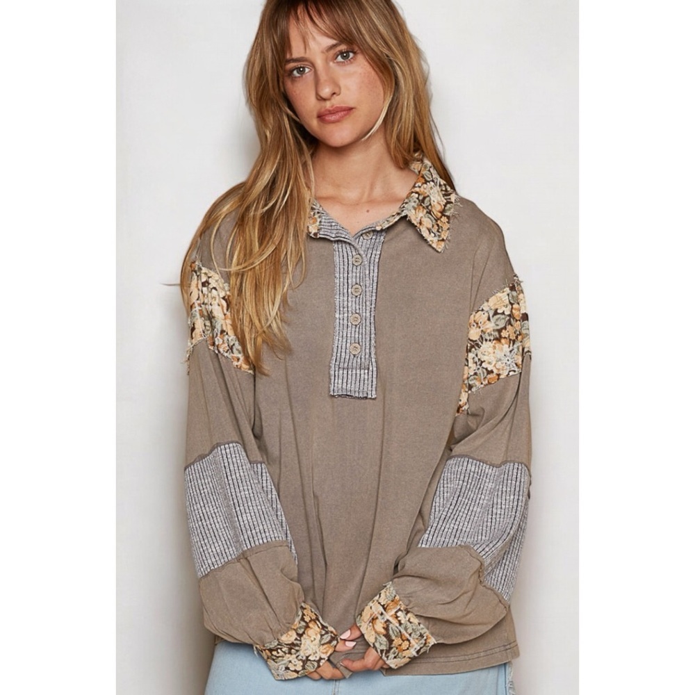 POL Gray Balloon Sleeve Polo Top | Oversized Half Button Floral Contrast Shirt - Picture 5 of 7